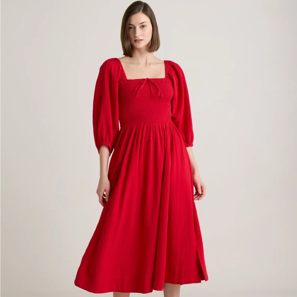 Quince Scarlet Midi Dress with Square Neck & Puff Sleeves